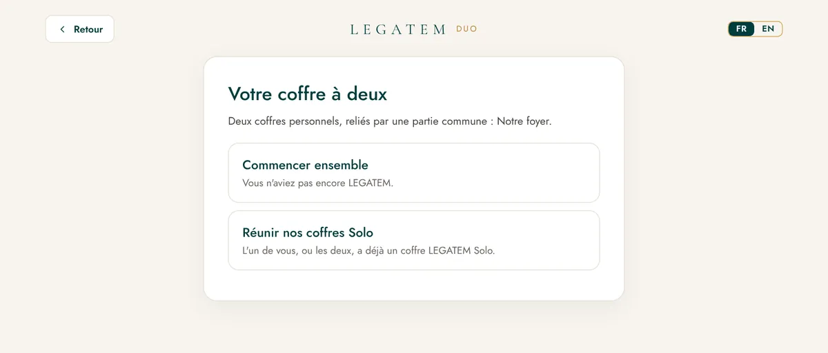 LEGATEM Duo : l'écran « Votre coffre à deux ».