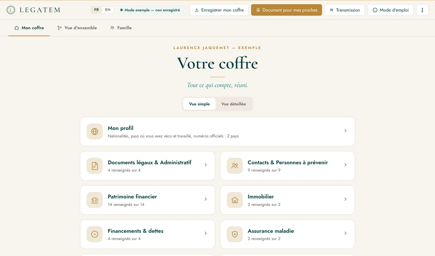 L'écran d'accueil du Coffre de Vie : les thèmes du coffre, réunis sur une page.