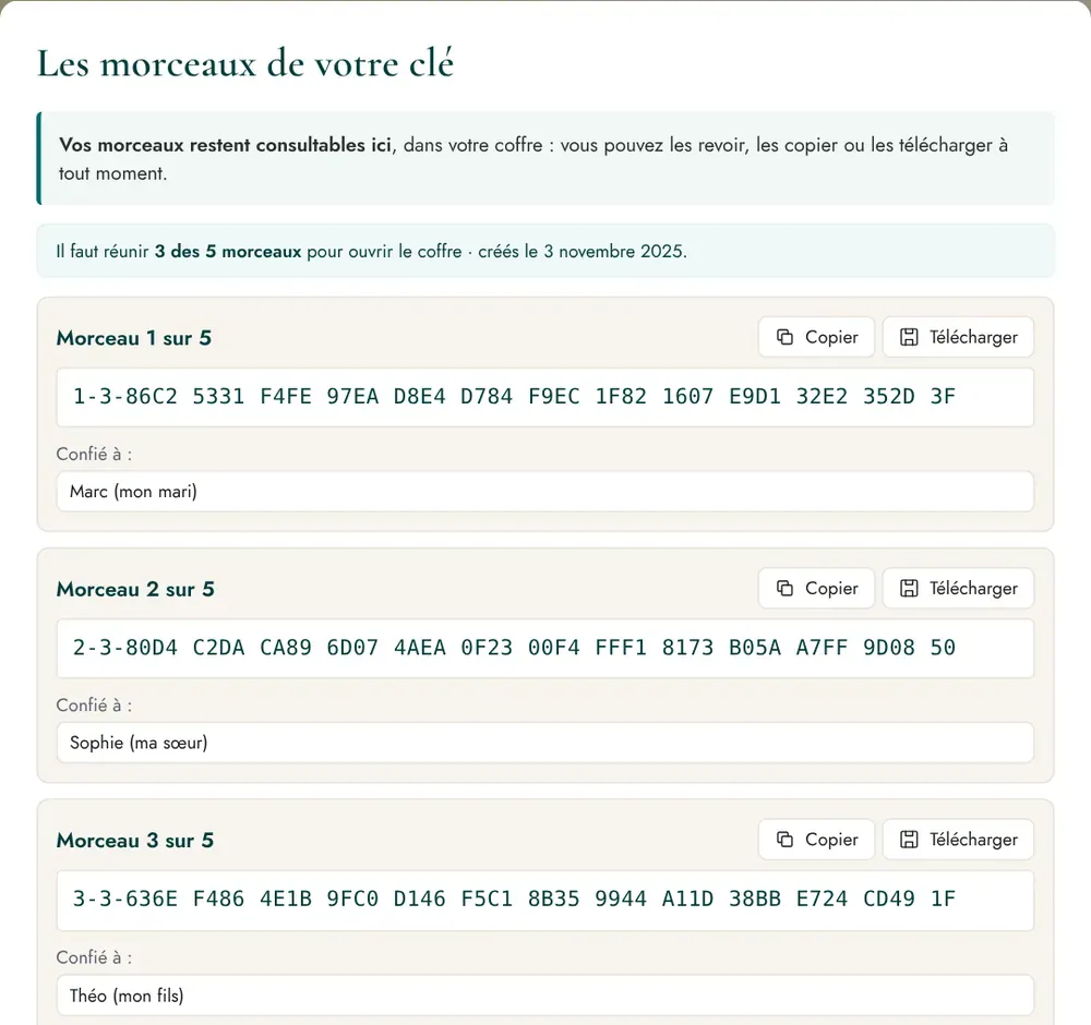 La fenêtre « Les morceaux de votre clé » : chaque morceau et la personne à qui il est confié.