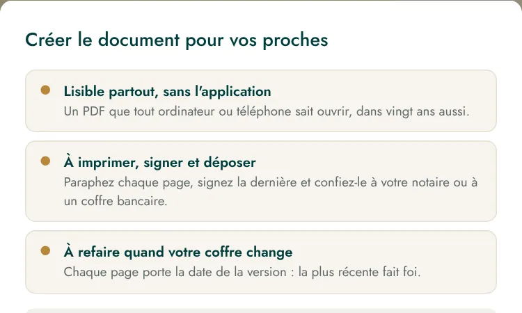 La fenêtre « Créer le document pour vos proches ».