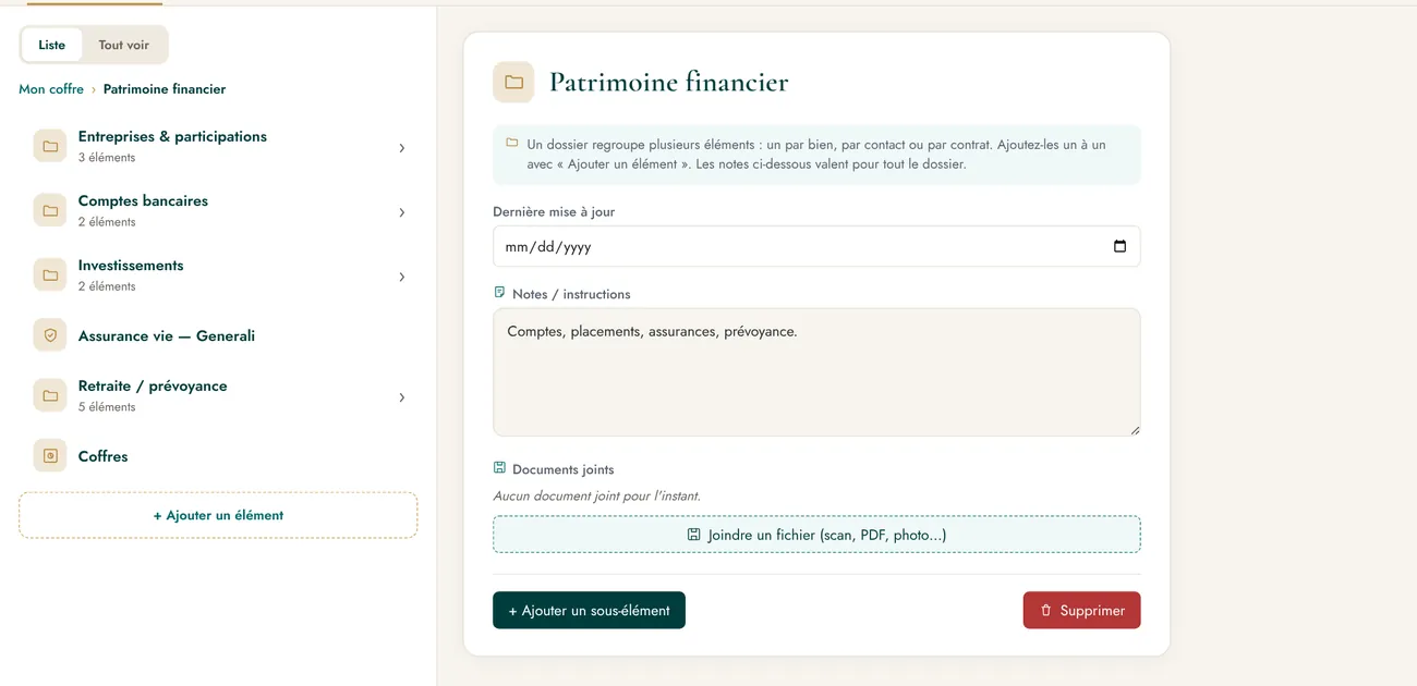 Un thème du Coffre ouvert : le patrimoine financier, rangé par dossiers.